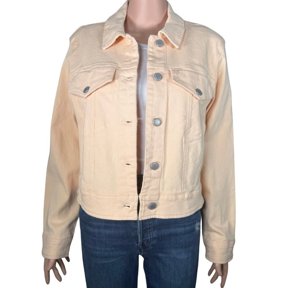 Avec Les Filles Peach Denim Trucker Jacket Women Size L Cropped Cotton Stretch